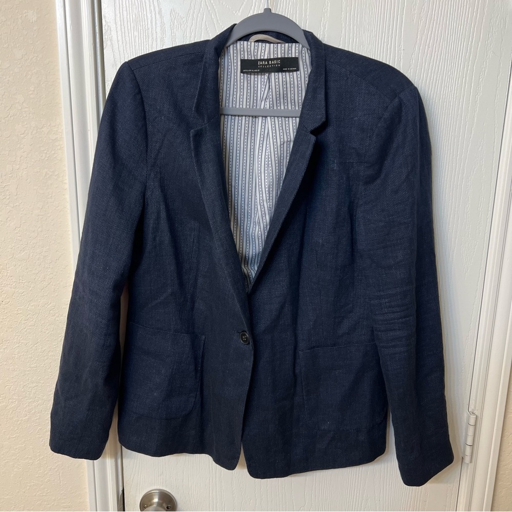 Zara Basic Collection Single Breasted Navy Blue Linen Blazer, Women's Size XL